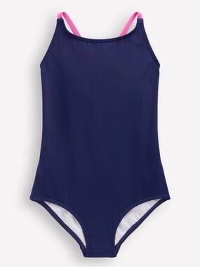 Mini Boden Navy Rainbow Strap Swimsuit Sz 7-8